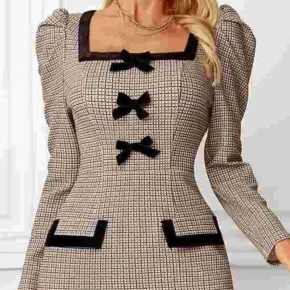 Houndstooth Bow Square Neck Dress | New Sheath Midi Dress w/ Long Sleeves - Picture 5 of 9